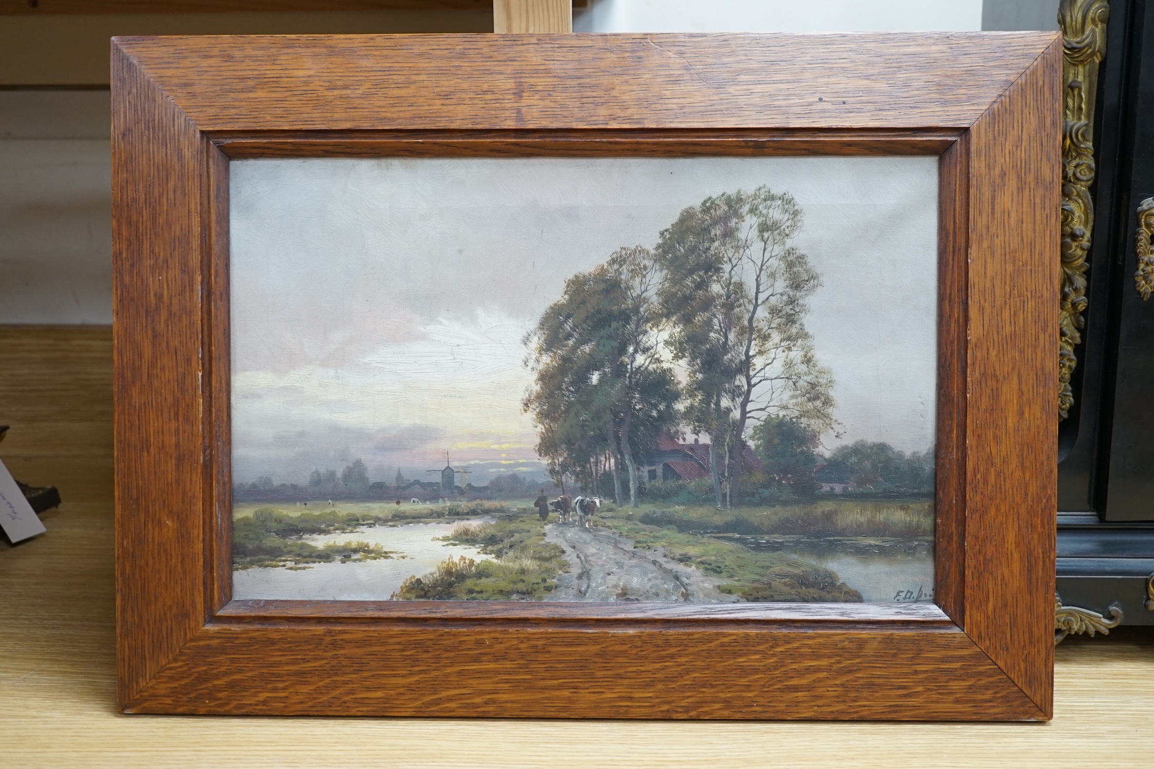 Ferdinand de Prins (Belgian, 1859-1908), oil on canvas, Wetlands with cattle, indistinctly signed lower right, A. Dechamps-Soiron label verso, 25 x 39cm. Condition - fair